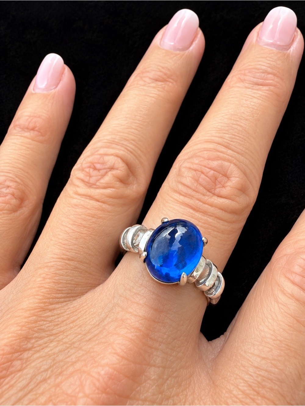 3.40 Ct Ceylon Blue Sapphire Cabochon 925 Sterling Silver Ring w/ Gem Report